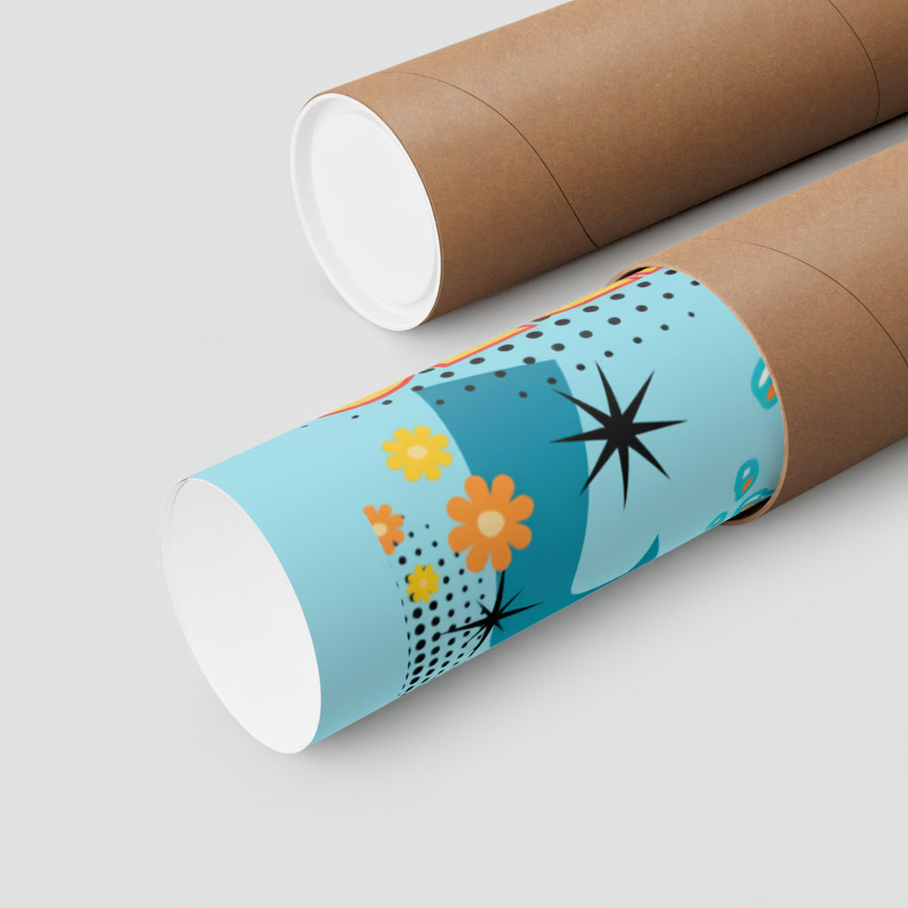 Two cardboard tubes with one featuring a colorful pattern on a white background