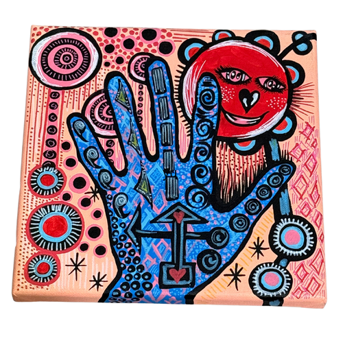 Colorful abstract painting with a blue hand and red face on a pink background