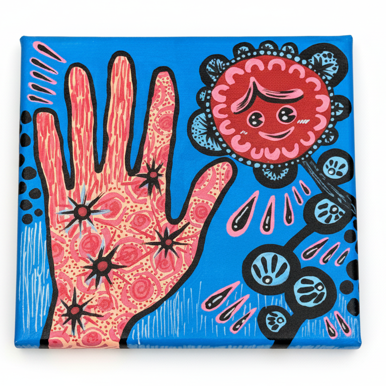 Colorful abstract painting of a hand and face on a blue background