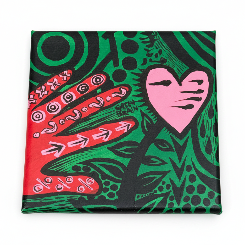Colorful abstract design with red hand-like shapes, pink heart, and green background on a white background