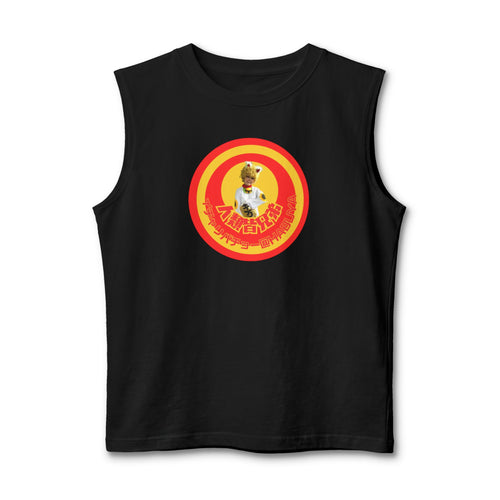 Black unisex muscle tank with a circular red and yellow retro sunburst graphic featuring Okinawan artist Habuyamama as a "Living Icon" with Japanese typography, designed by Habuya Studio.