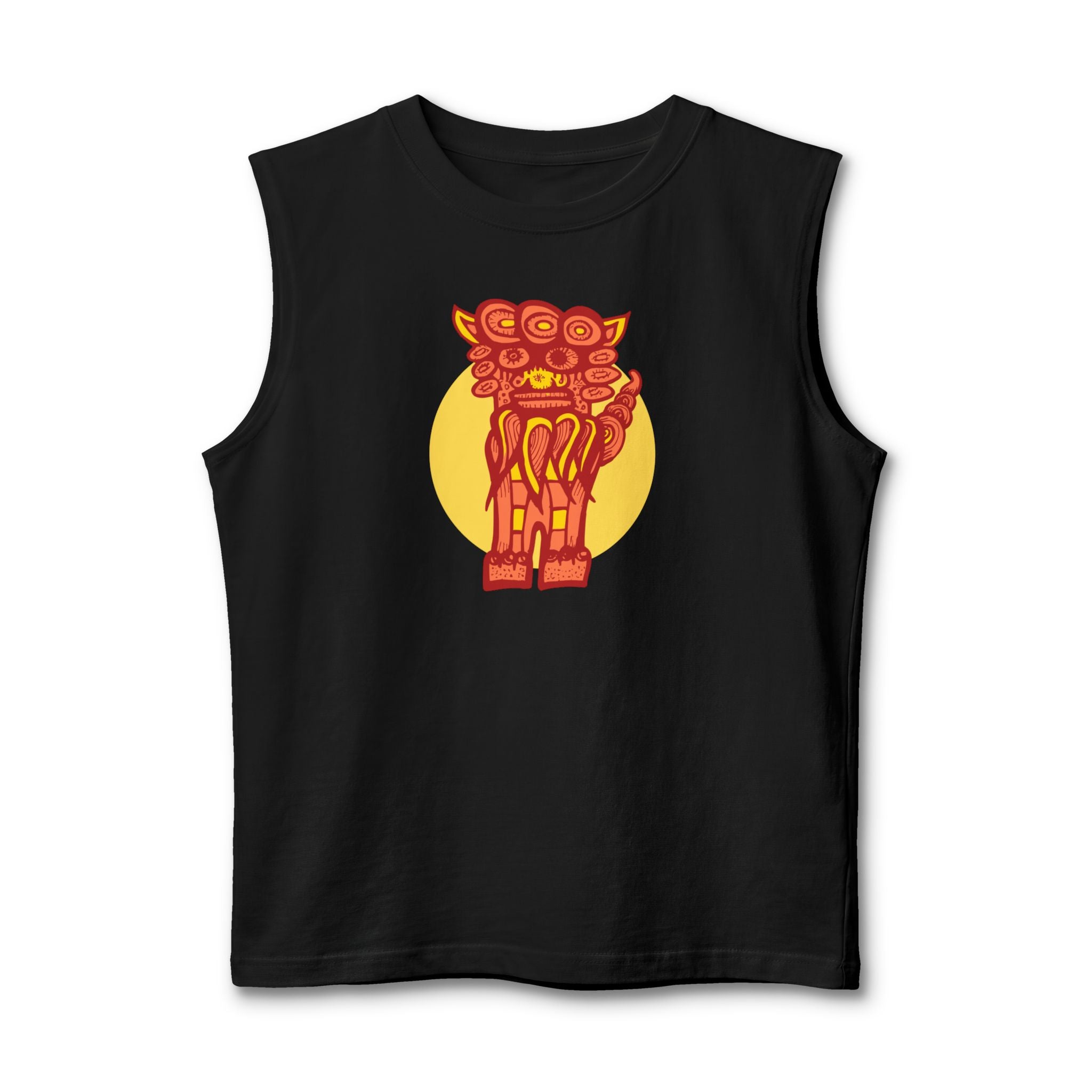 Black sleeveless muscle tank featuring a stylized red and orange Okinawan Shisa guardian graphic centered on a large yellow circle, retro-pop streetwear style by Habuyamama for Habuya Studio.
