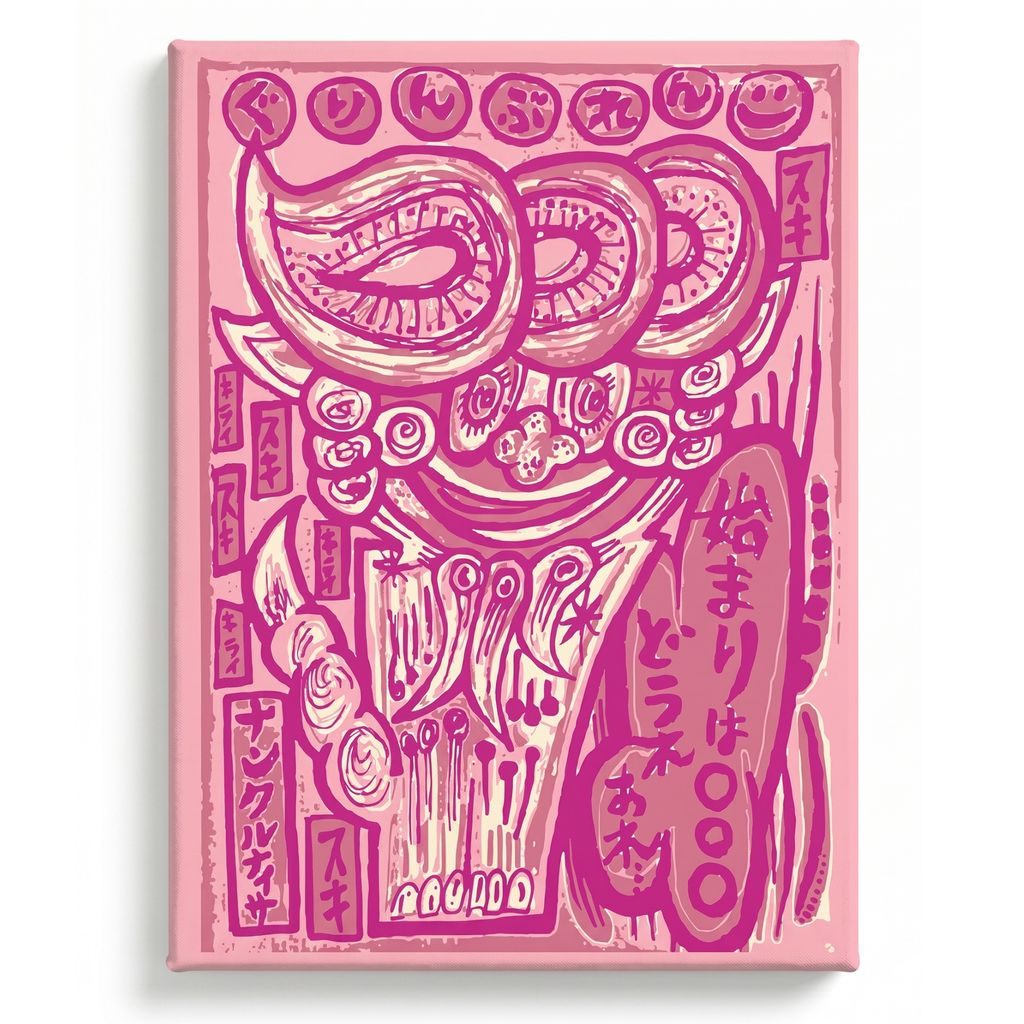 Japanese Shisa Wall Art – Pink Okinawan Aesthetic Canvas