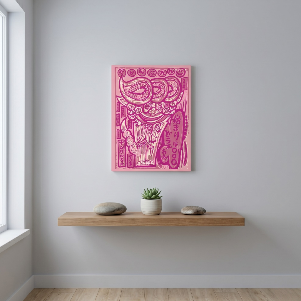 Japanese Shisa Wall Art – Pink Okinawan Aesthetic Canvas