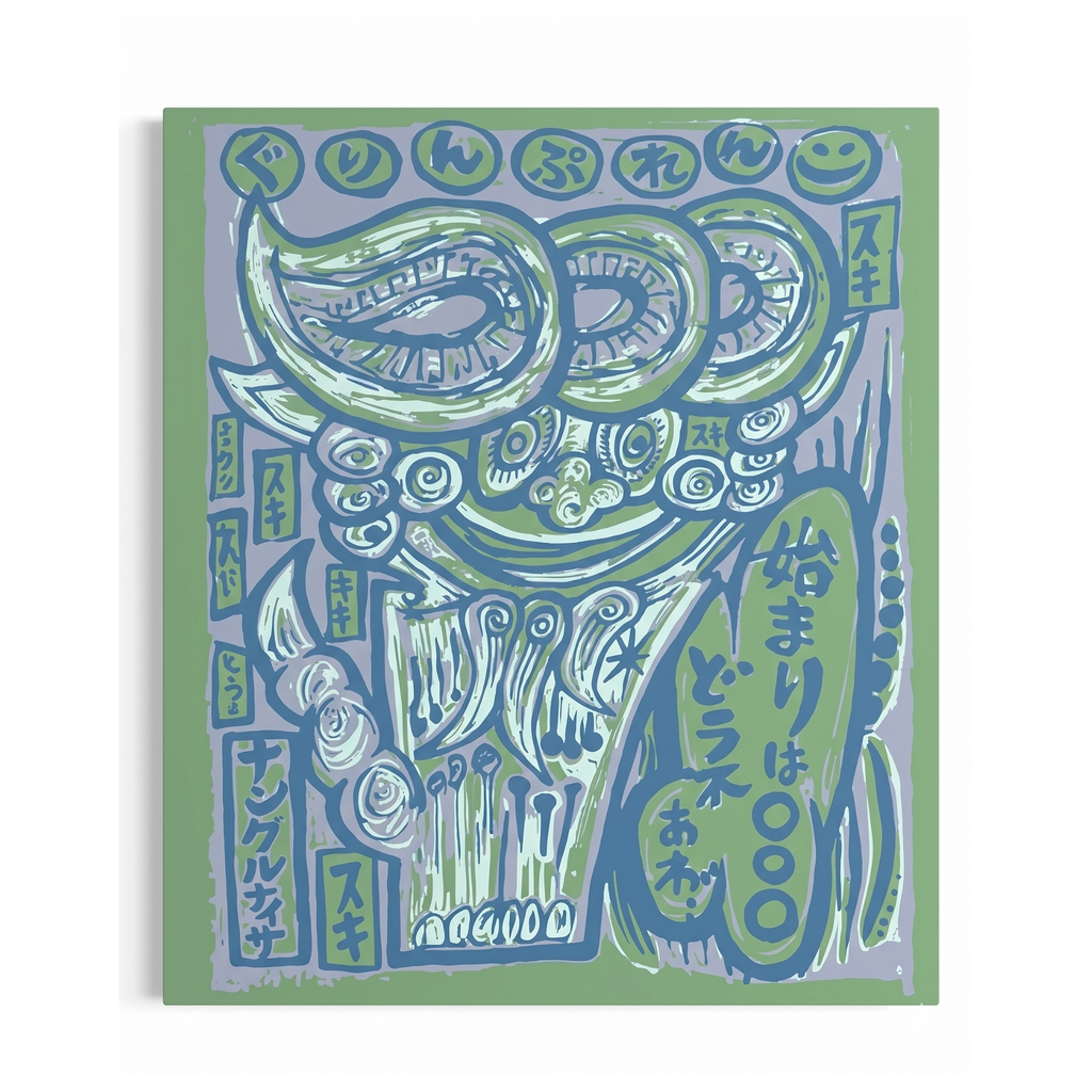 Japanese Shisa Wall Art – Blue Okinawan Aesthetic Canvas